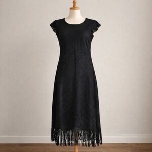 VTG 90s Maxi Dress 18 Black Whimsigoth Open Knit Tie Back Fringe Dark Fairy EUC